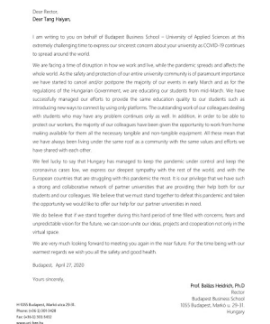 同心抗疫—匈牙利布达佩斯经济学院校长致信我校防控疫情